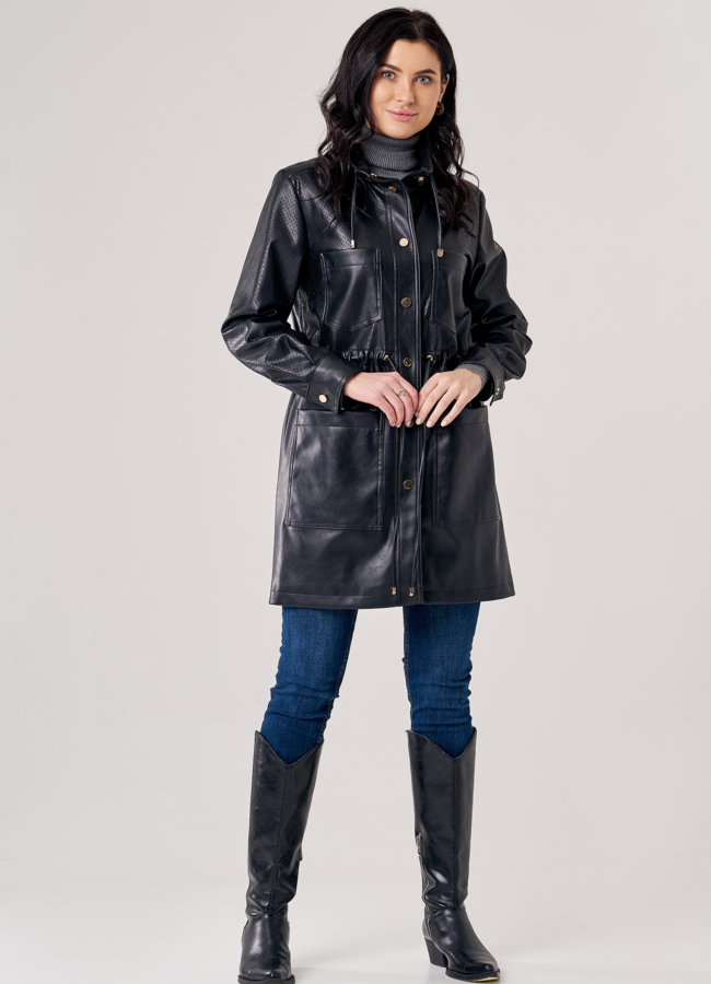 фото Плащ женский из эко кожи черного цвета модель № 20771