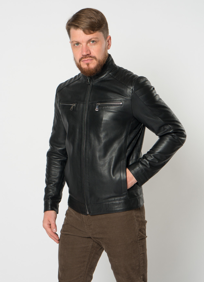 Мужская кожаная куртка мото в черном цвете модель № 21611 меха малина