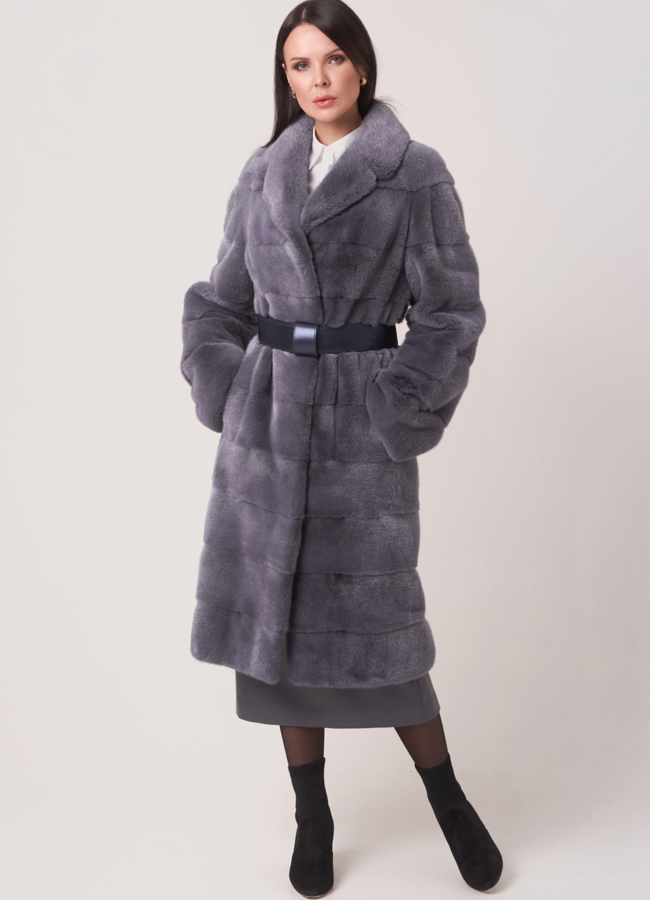 Норковая шуба в цвете графит с английским воротником поперечная модель № S-762 меха малина