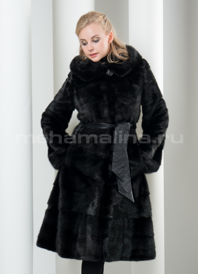 Шуба норка с капюшоном, цвет черный модель № S-99 меха малина