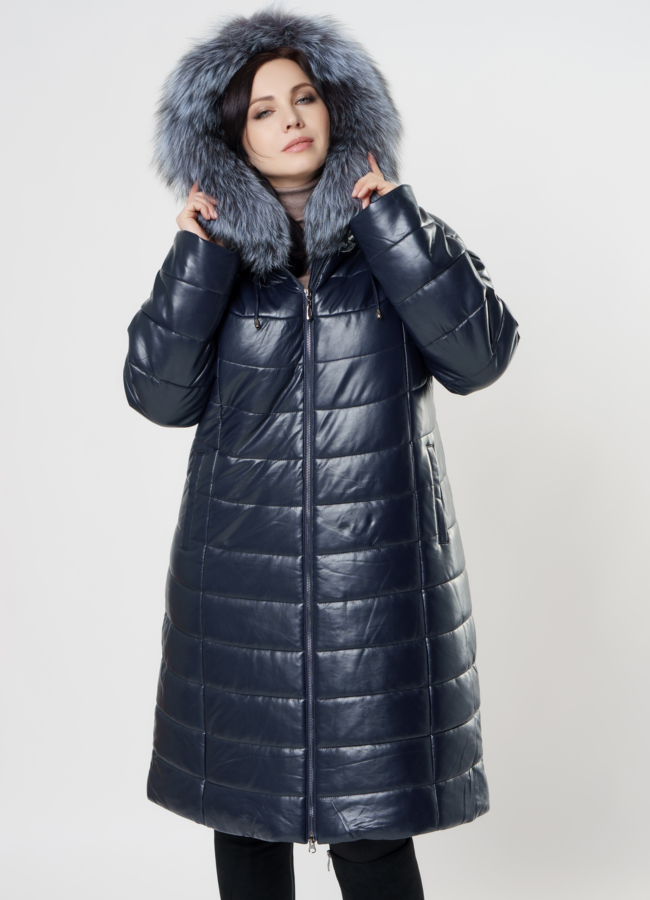 Пуховик из эко кожи синего цвета с капюшоном модель № 11665 универмаг малина