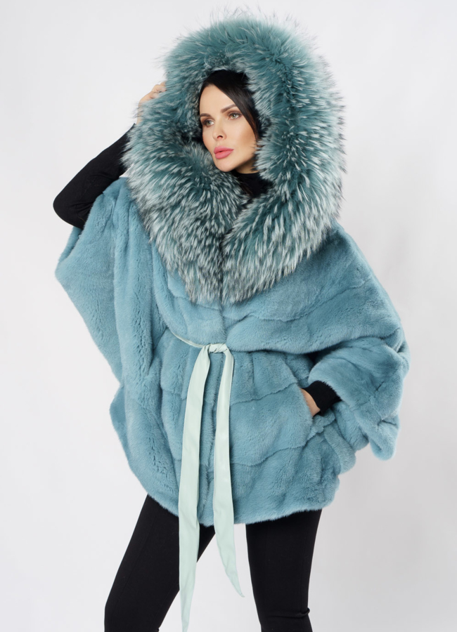 Укороченная норковая шуба с капюшоном светло-зеленого цвета модель № S-851 универмаг малина