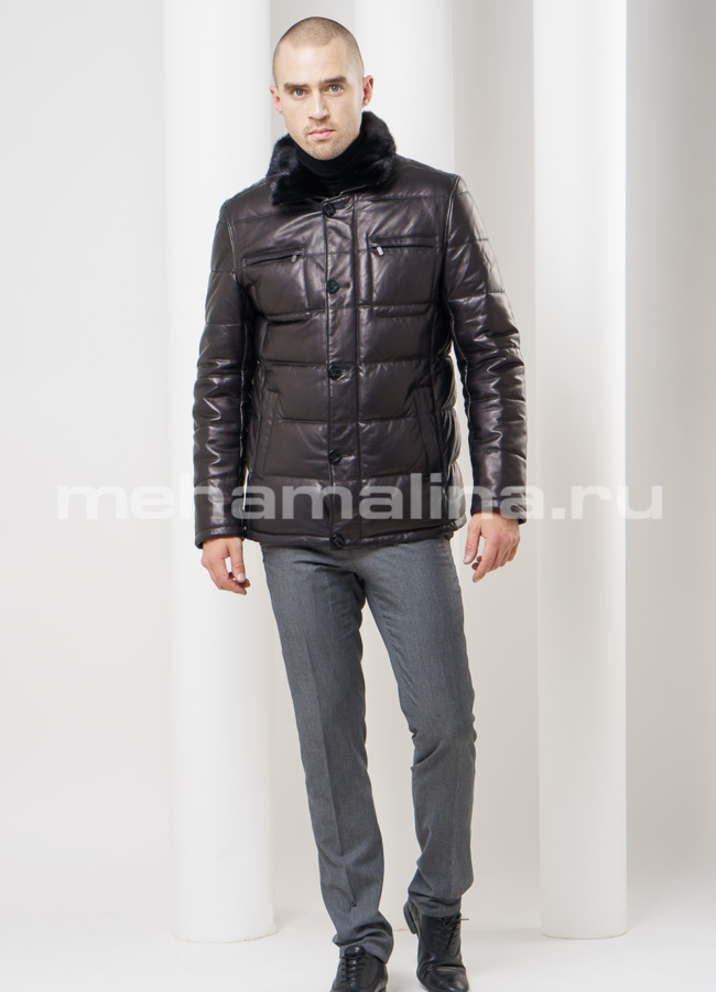 Кожаный пуховик с норкой  модель № ПМ-60 универмаг малина