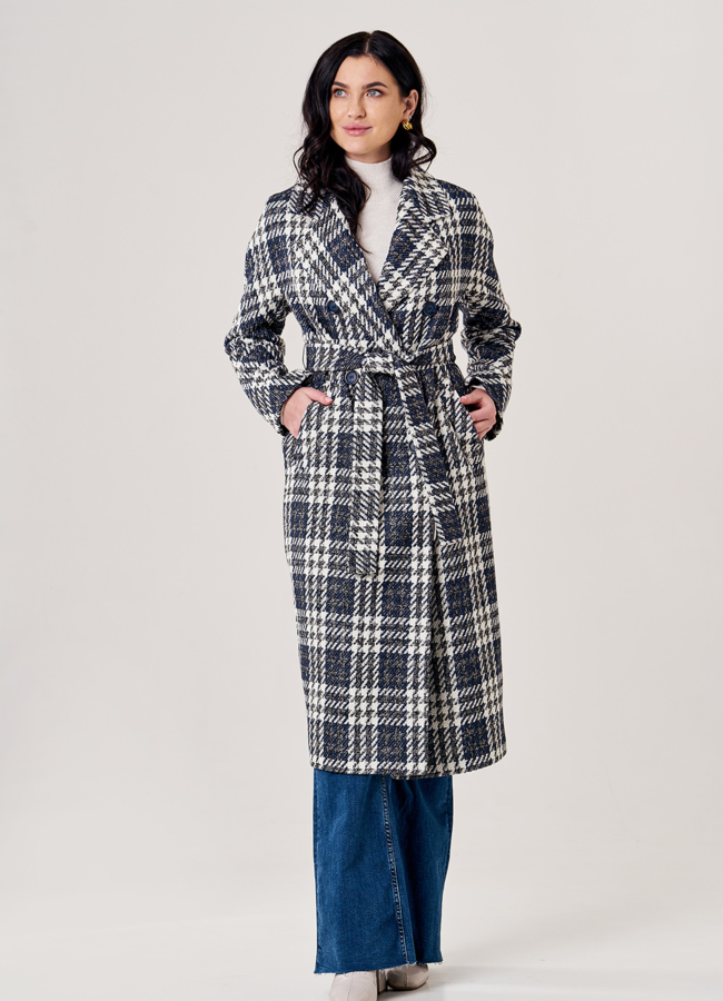 фото Пальто женское синего цвета с поясом модель № 20547