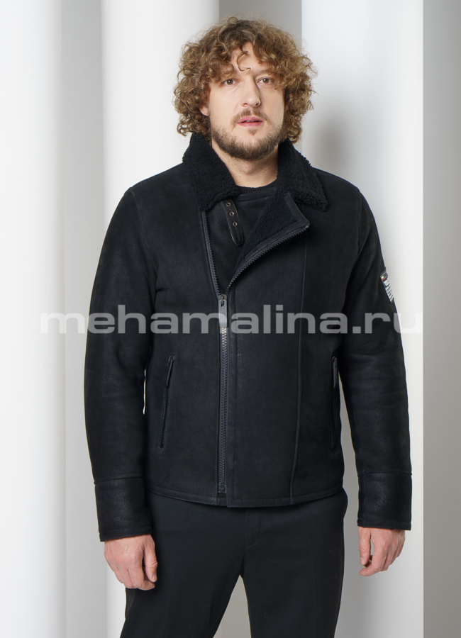 Дубленка черного цвета на молнии с воротником модель № DM-122 меха малина