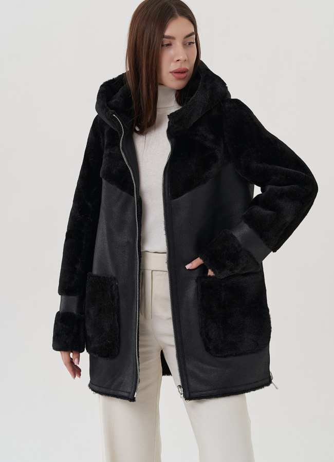 Двухсторонняя женская эко дубленка черного цвета модель № 25402 универмаг малина