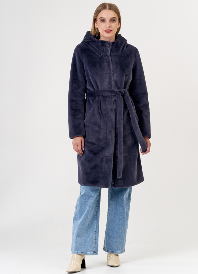 Двусторонняя эко шуба с капюшоном модель № 19009 меха малина