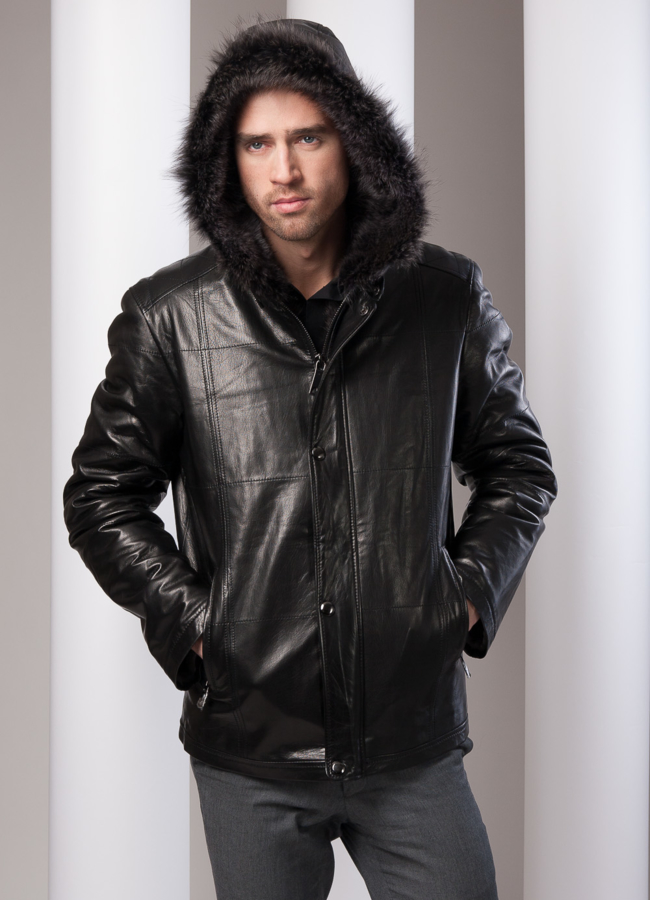 Мужская кожаная дубленка  модель № DM-35 меха малина