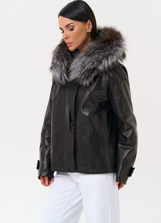 Куртка с капюшоном из натуральной кожи модель № 6695 универмаг малина