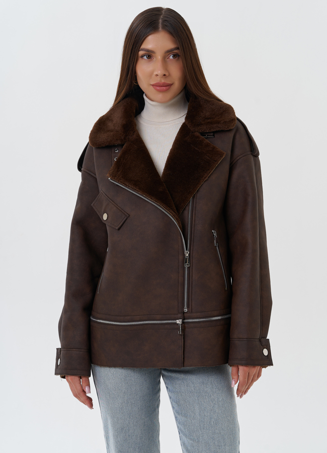 Женская дубленка из эко кожи модель № 27753 меха малина