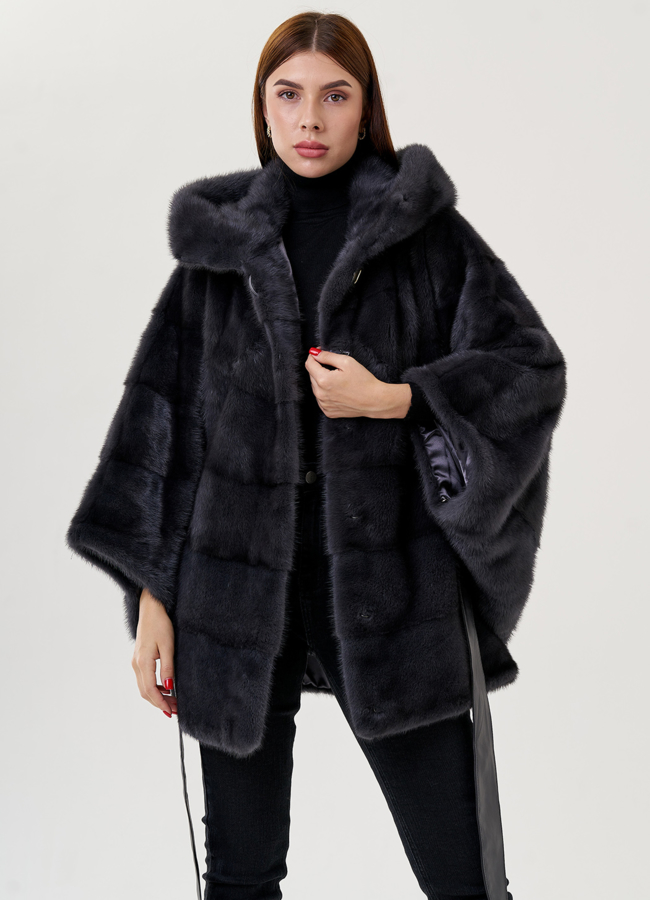 Шуба из норки в цвете графит с капюшоном  модель № 23359 универмаг малина