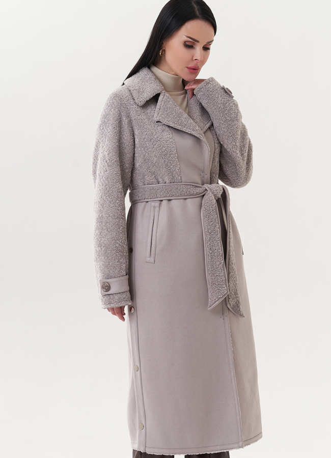 фото Удлиненнная эко дубленка под пояс модель № 26729