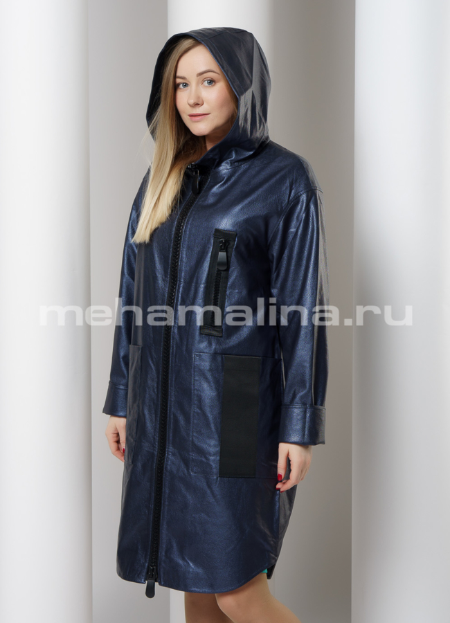 Плащ из эко кожи с капюшоном на молнии модель № 18015 универмаг малина