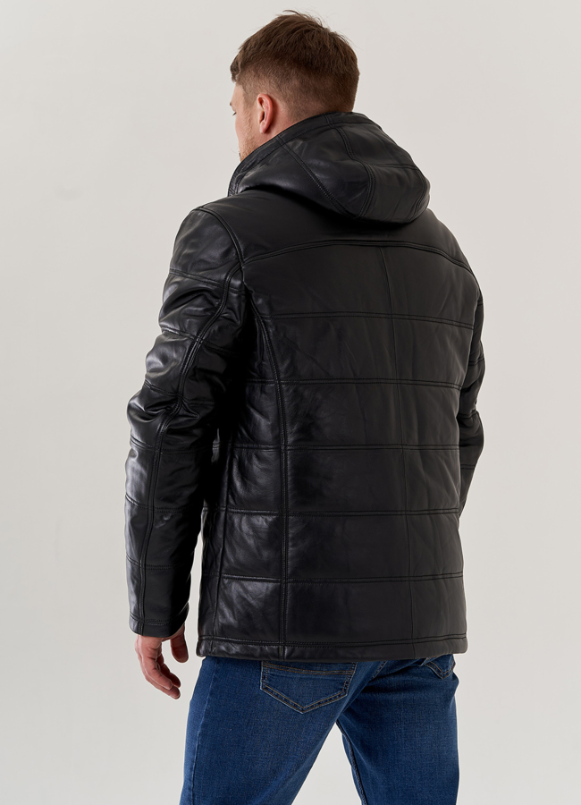 Мужской пуховик из натуральной кожи с капюшоном  модель № 79613 в рассрочку