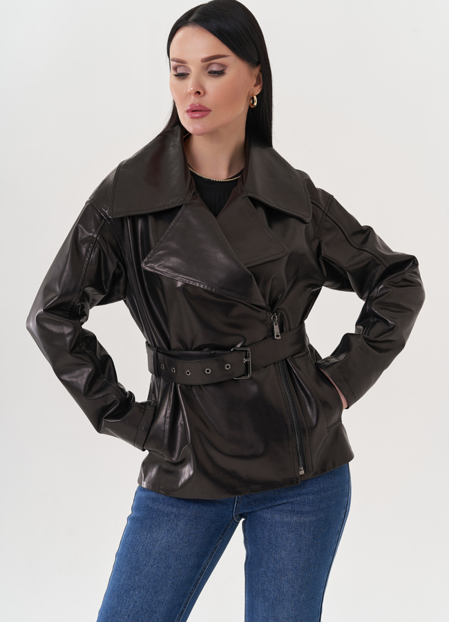 Кожаная куртка на молнии модель № 26846 меха малина