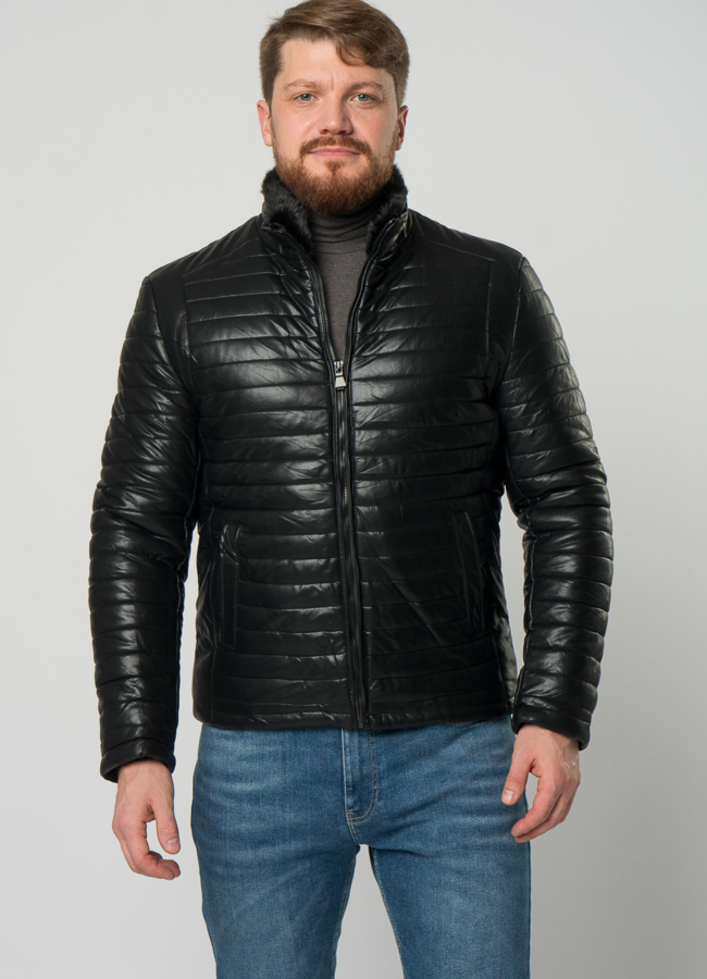 Мужской пуховик из эко кожи с отделкой из норки модель № 21944 меха малина