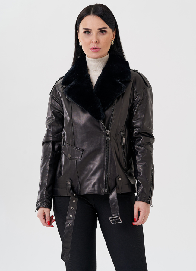 Женская куртка - косуха из натуральной кожи модель № 24083 меха малина