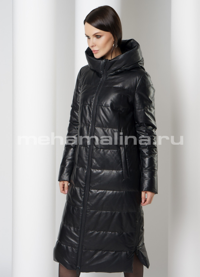 Кожаный пуховик черного цвета на молнии с капюшоном  модель № 181119 универмаг малина