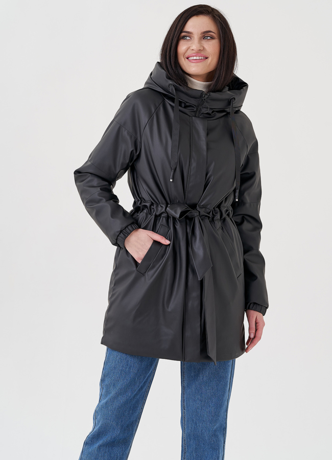 Женский плащ из эко кожи на утеплении модель № 397 меха малина