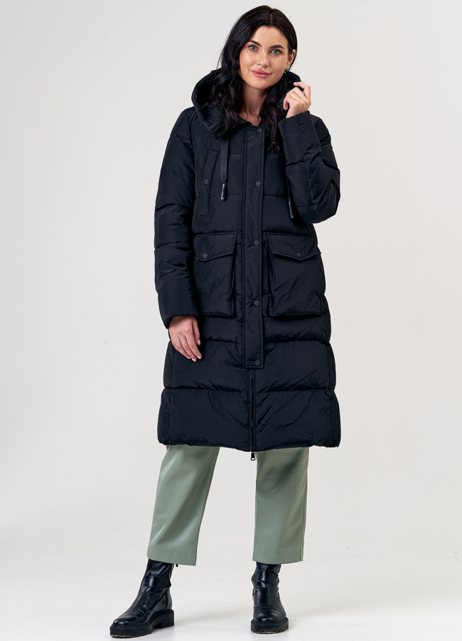 Женский пуховик прямого кроя в черном цвете модель № 3579 универмаг малина