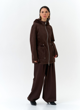 Двухсторонняя дубленка из эко замши с капюшоном