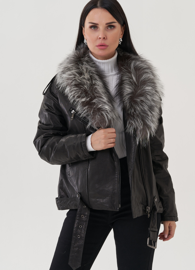 Женская куртка из натуральной кожи с отделкой из чернобурки модель № 25374 в рассрочку