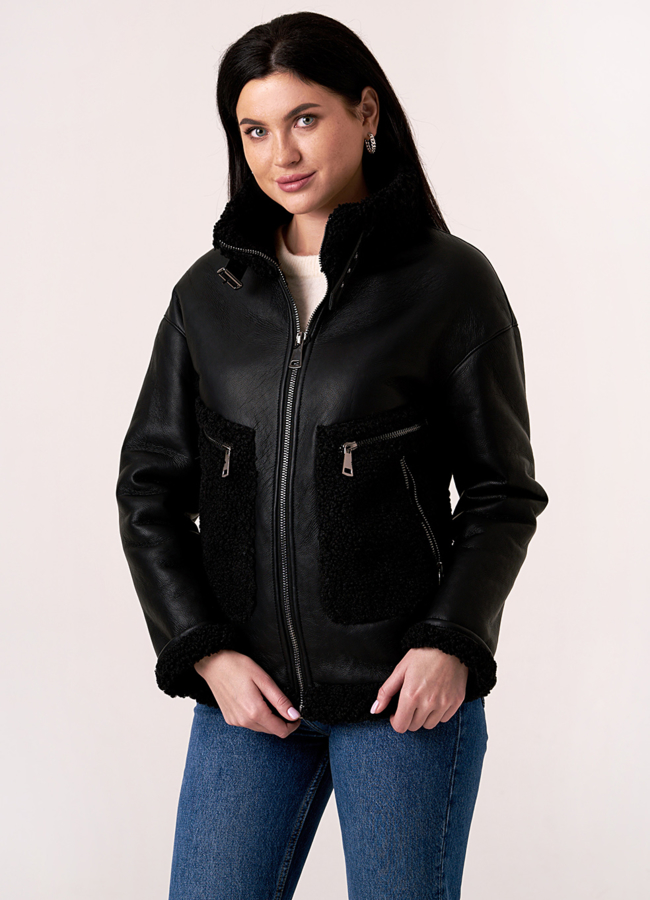 Черная дубленка с отделкой из искусственного меха  модель № 2063 универмаг малина