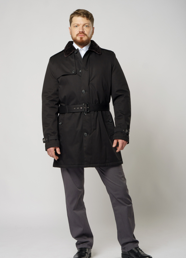 Удлиненная куртка черного цвета с поясом на пуговицах модель № DM-137 меха малина