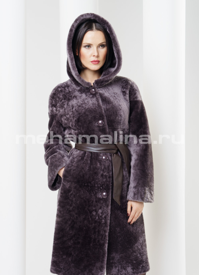 Шуба из астрагана, съемный капюшон модель № S-315 меха малина