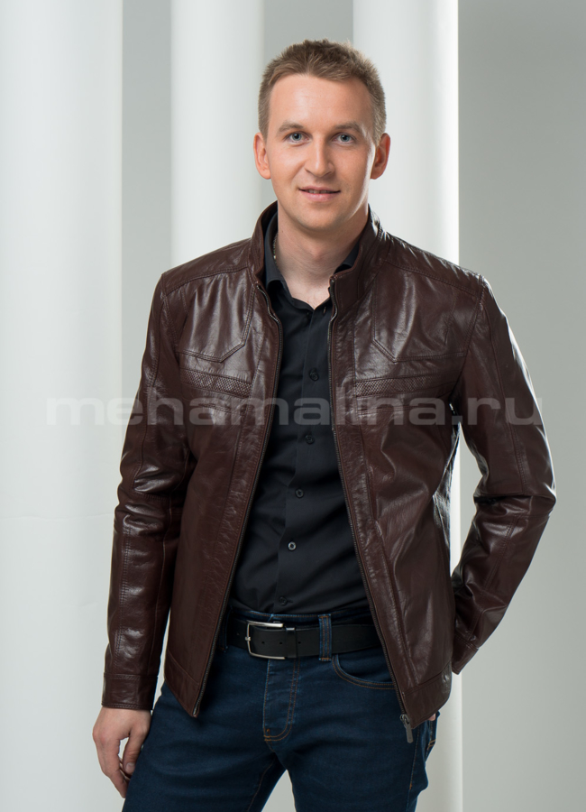 Кожаная куртка на молнии, цвет коричневый модель № KP-71 меха малина