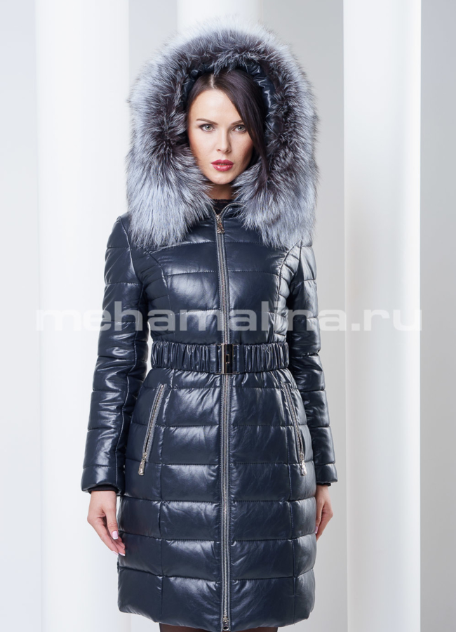 фото Пуховик из экокожи с чернобуркой, цвет графит модель № П-35