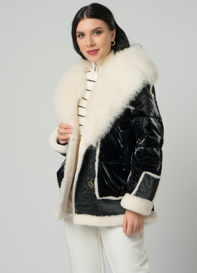 Женский пуховик с отделкой из овчины модель № 21865 универмаг малина