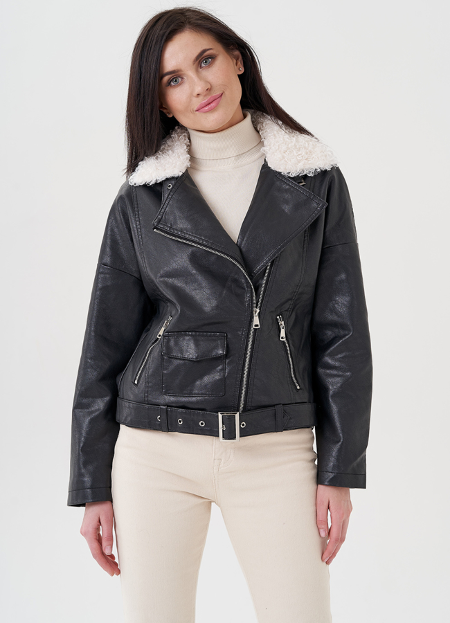 Куртка косуха демисезонная из эко кожи на утеплителе модель № 23997 меха малина