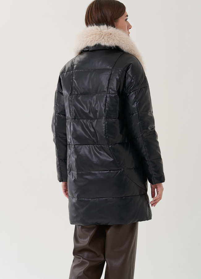 Пуховик из эко кожи с воротником из эко меха  модель № 24868 универмаг малина