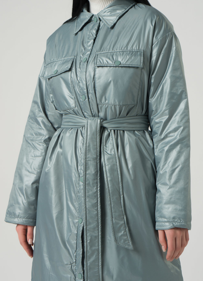 Женское пальто-рубашка светло-зеленого цвета с поясом модель № 22392 универмаг малина