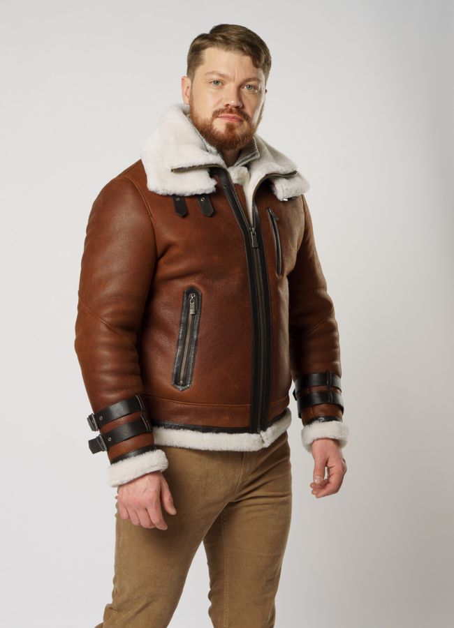 Дубленка пилот на молнии модель № DM-128 меха малина