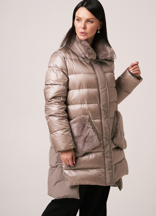 Пуховик DiegoM с меховыми карманами на молнии модель № Diego-M 758 меха малина