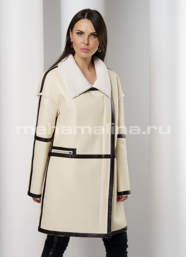 Светлая дубленка из эко кожи с отложным воротником на молнии модель № 9619 универмаг малина