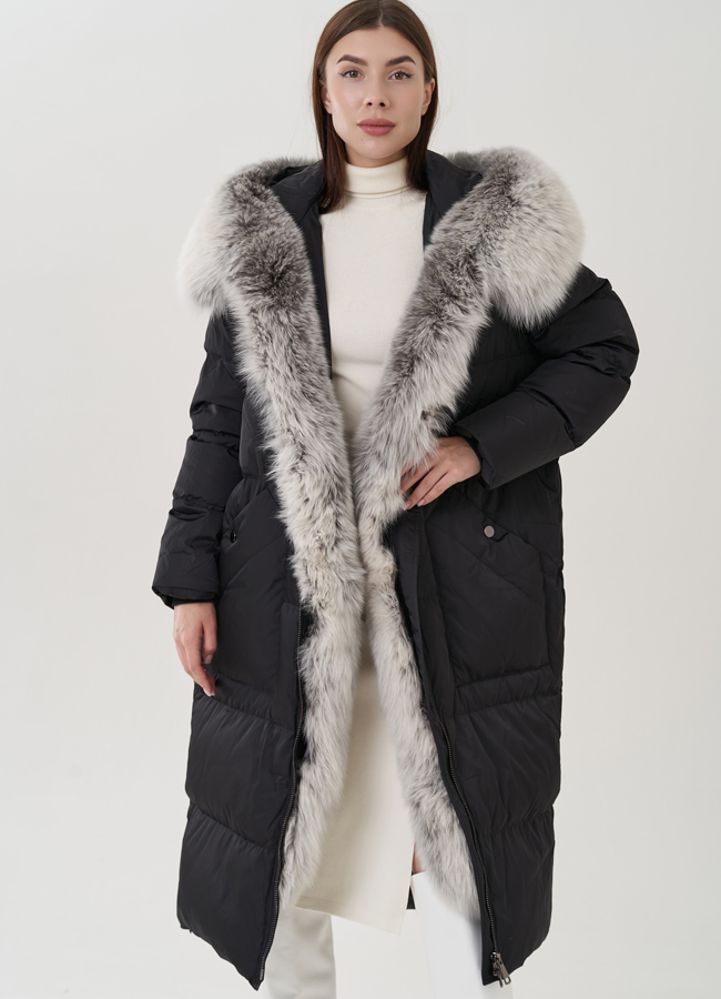 Удлиненный женский пуховик с песцом модель № 25365 универмаг малина