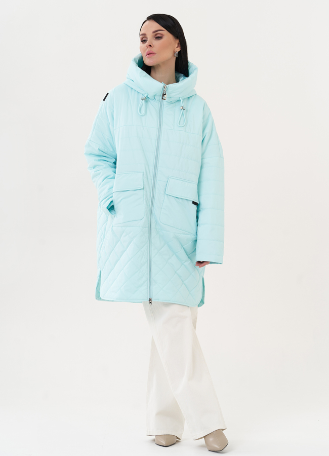 Пуховик с капюшоном голубого цвета модель № 26975 меха малина