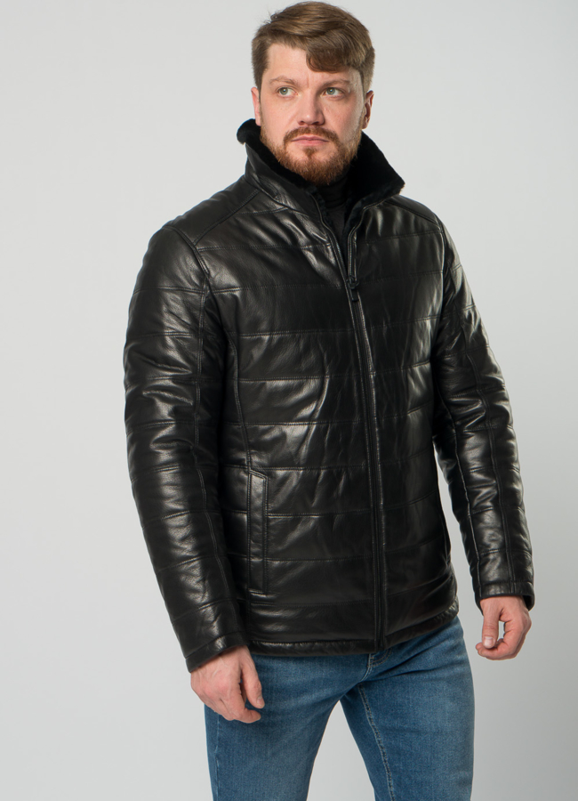 Мужской пуховик из натуральной кожи с отделкой из овчины модель № 21916 универмаг малина