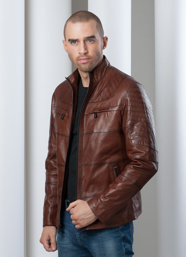 фото Кожаная куртка строченная, воротник-стойка модель № KP-37