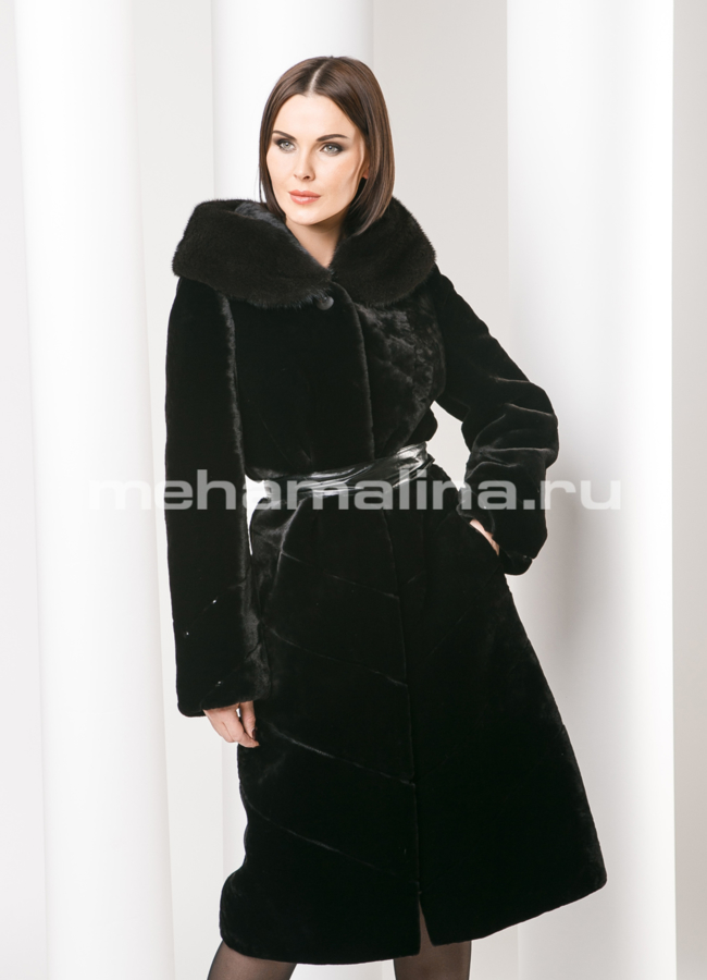 Шуба с капюшоном модель № S-492 меха малина
