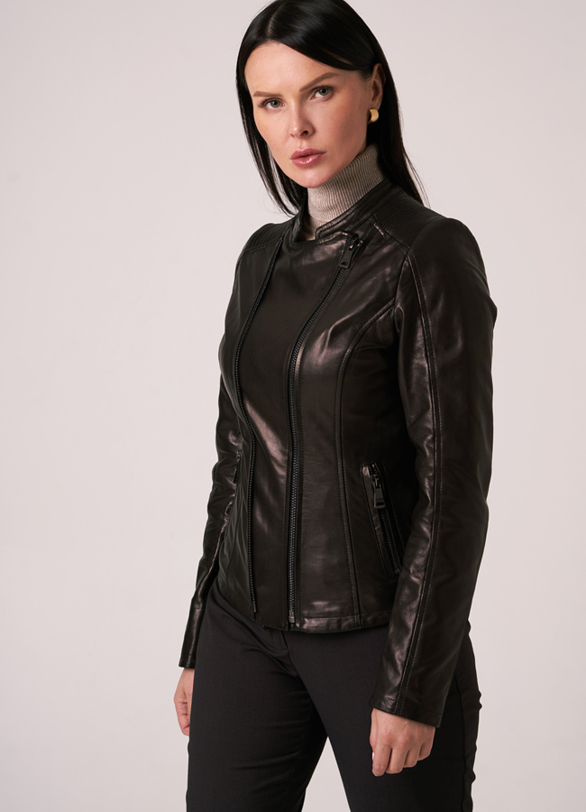 Кожаная куртка на молнии модель № 17828 меха малина