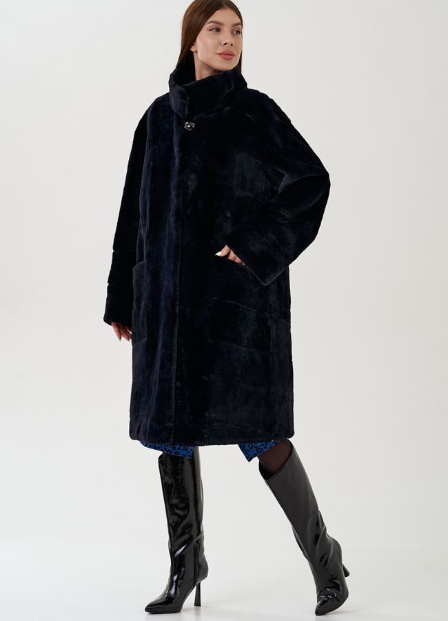 Шуба из меха кролика с воротником стойкой модель № 81863 меха малина