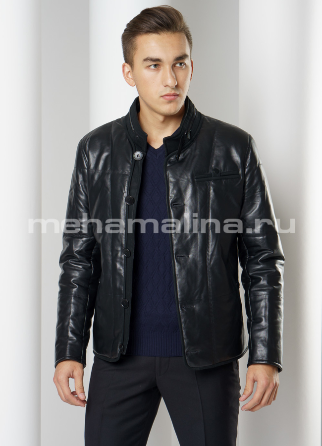 Кожаная куртка модель № KP-225 меха малина