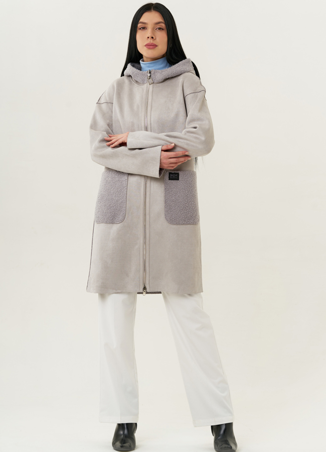 фото Женское двустороннее полупальто из эко замши светло-серого цвета модель № 22289