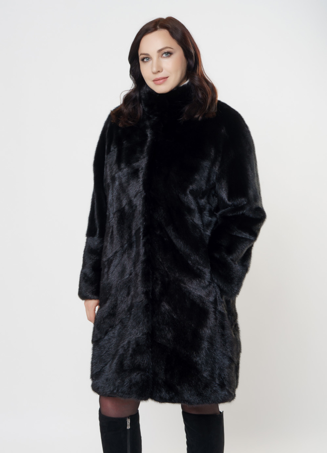 Шуба из норки черного цвета модель № S-1006 меха малина