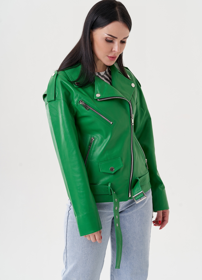 Женская куртка косуха из натуральной кожи  модель № 24448 меха малина Женская куртка косуха из натуральной кожи  модель № 24448 меха малина