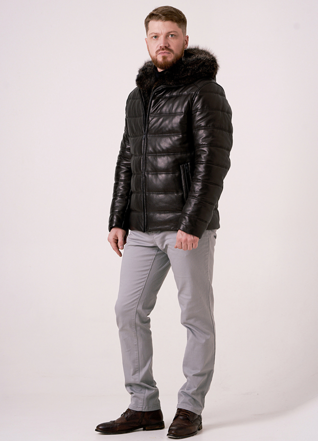 Пуховик из натуральной кожи на молнии с капюшоном модель № 1829 универмаг малина